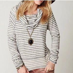 Free People Navy White Striped Cowl Neck Cotton Top XS Boho Coastal
